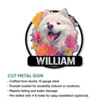 Samoyed floral portrait metal sign shown with product feature information for indoor or outdoor display