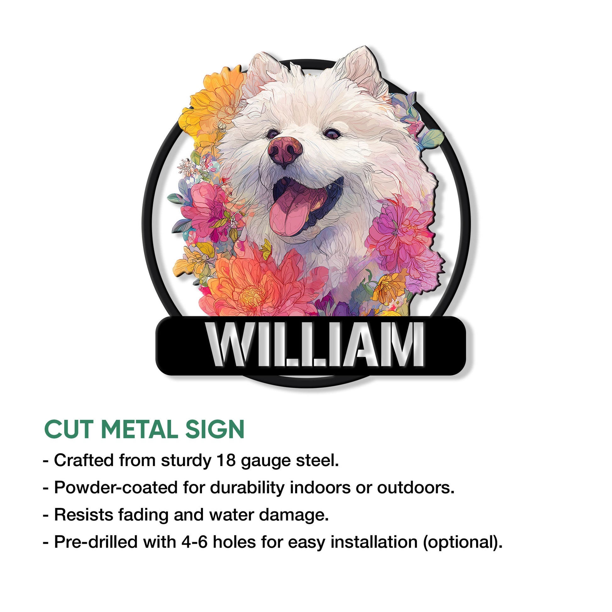 Samoyed floral portrait metal sign shown with product feature information for indoor or outdoor display