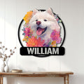 Floral Samoyed metal wall sign displayed in a bright home entryway above a wooden console