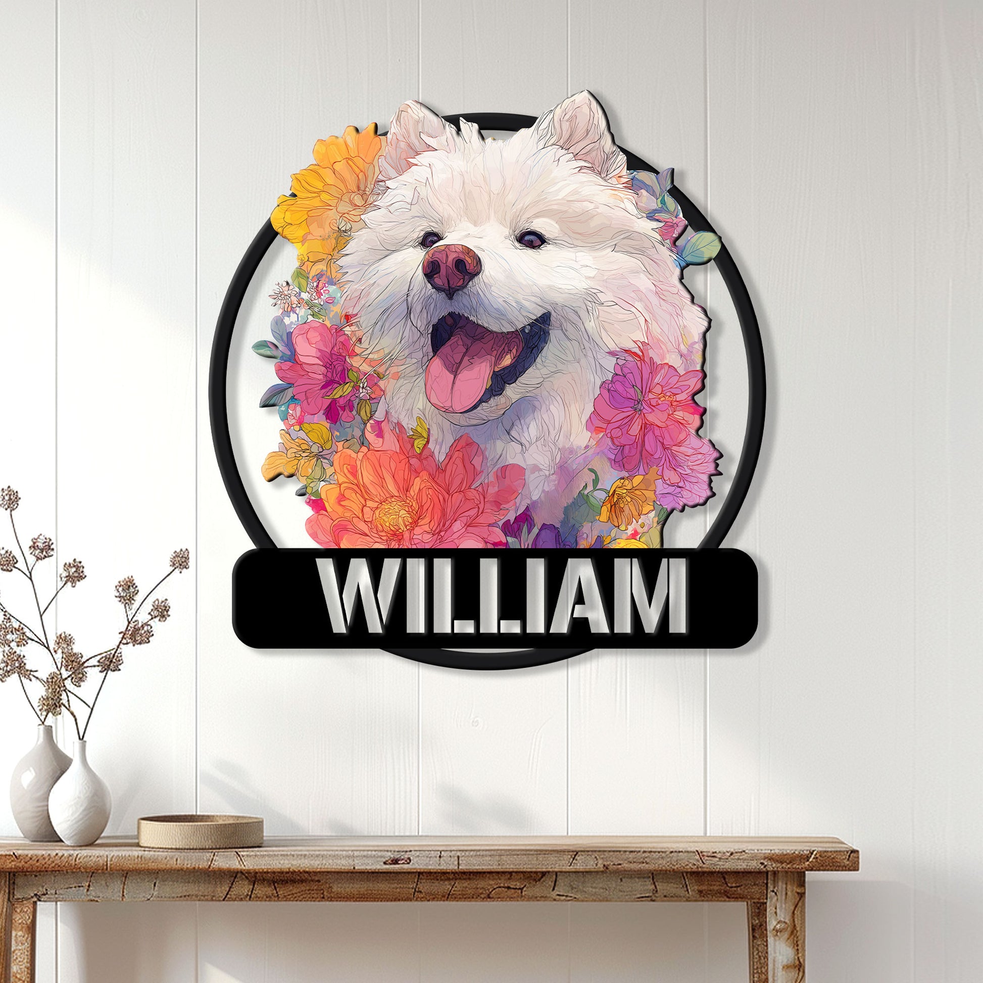 Floral Samoyed metal wall sign displayed in a bright home entryway above a wooden console