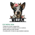 Australian Cattle Dog metal sign product graphic featuring a floral portrait and cut metal design