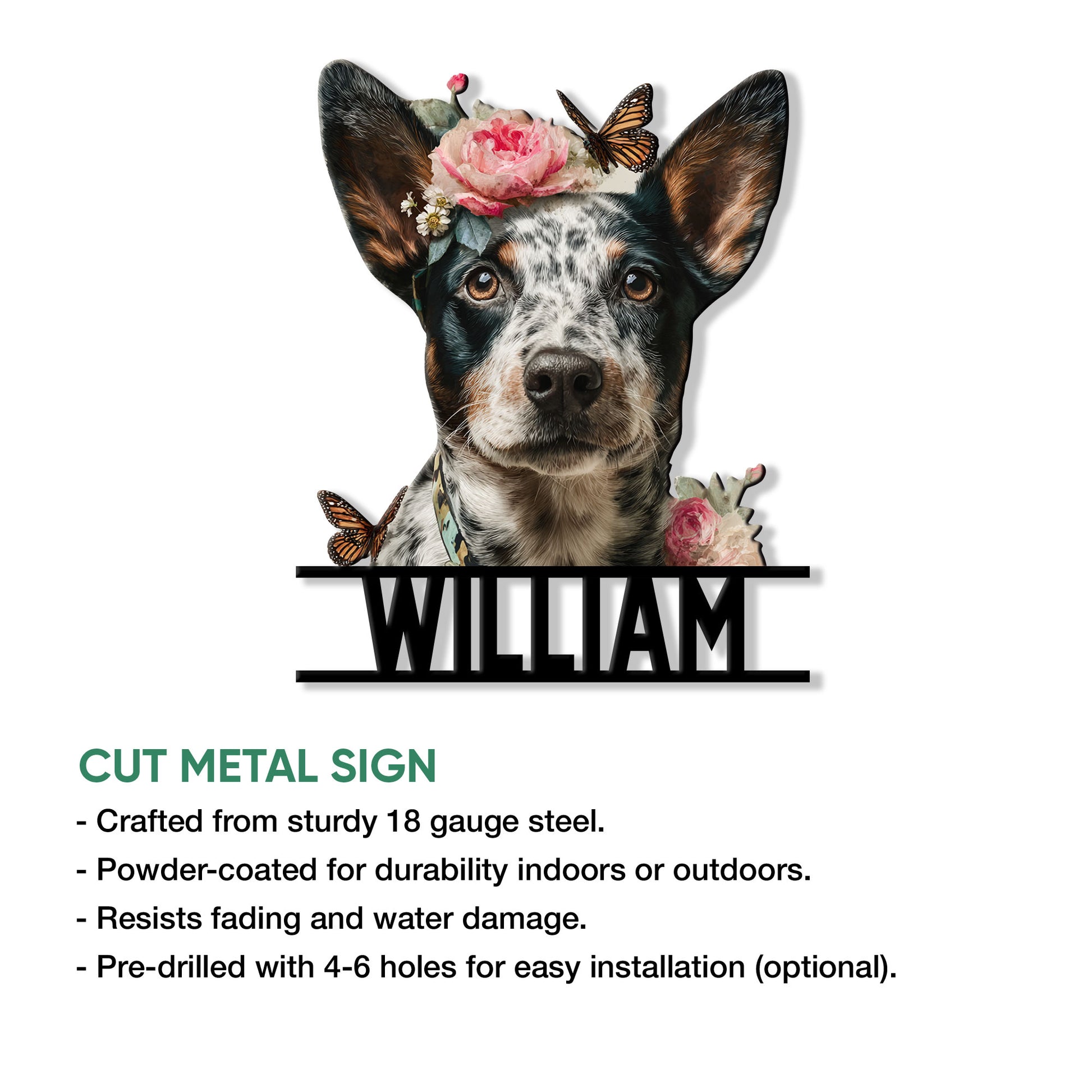 Australian Cattle Dog metal sign product graphic featuring a floral portrait and cut metal design