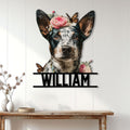 Australian Cattle Dog wall sign displayed on a light wood-paneled wall above a console table