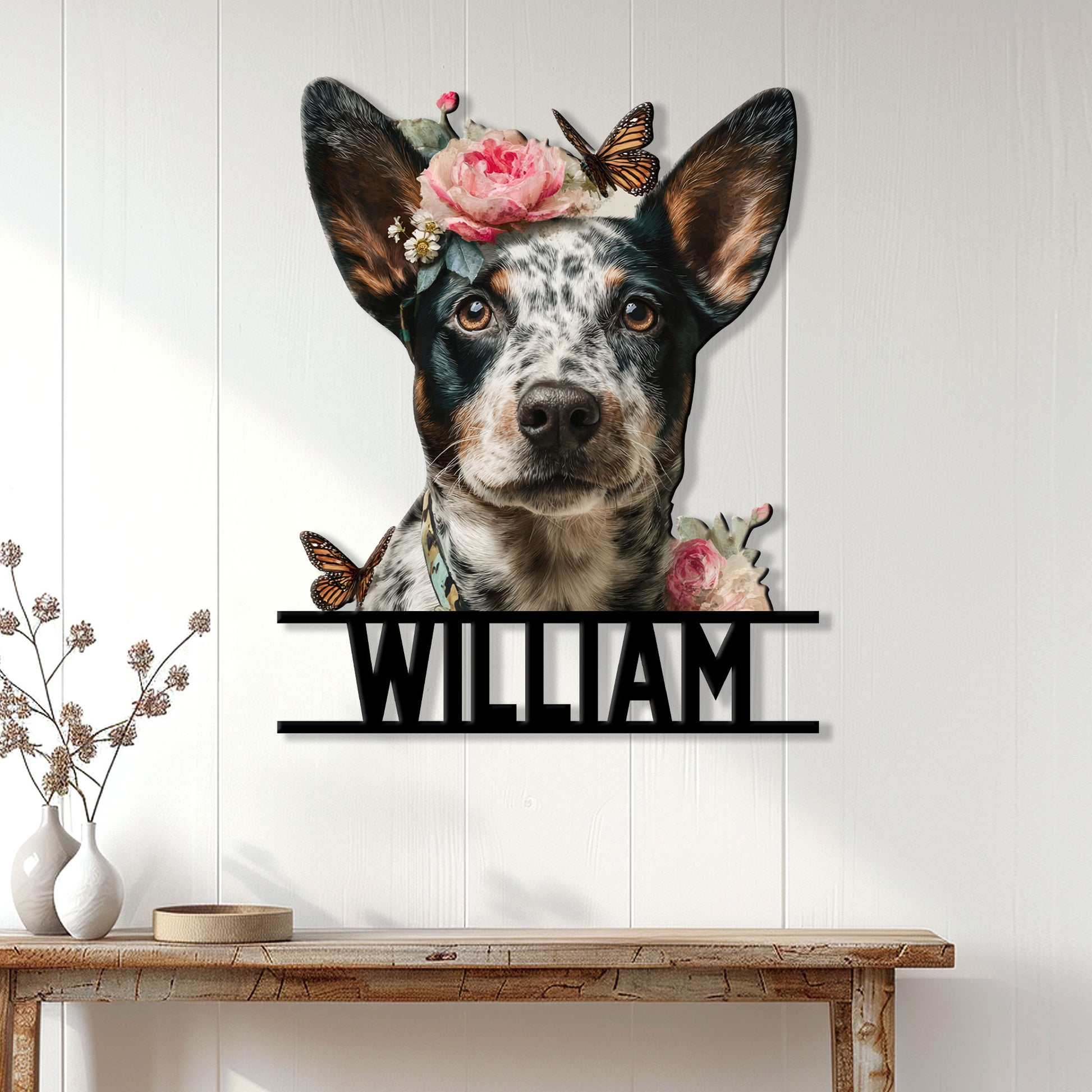 Australian Cattle Dog wall sign displayed on a light wood-paneled wall above a console table