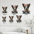 Australian Cattle Dog metal sign size guide showing six square size options in a living room setting