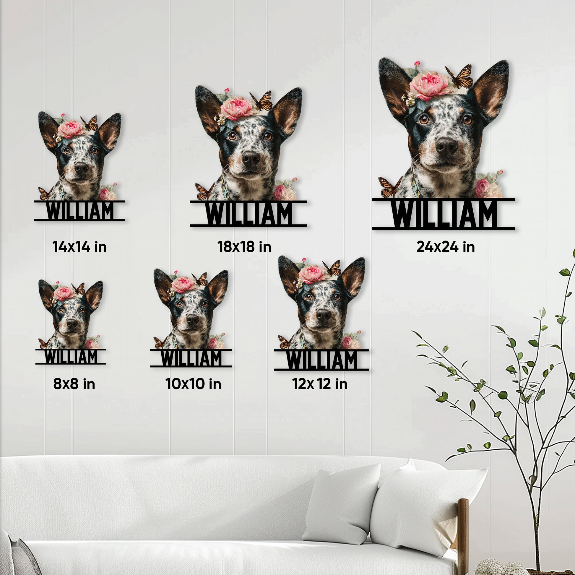 Australian Cattle Dog metal sign size guide showing six square size options in a living room setting