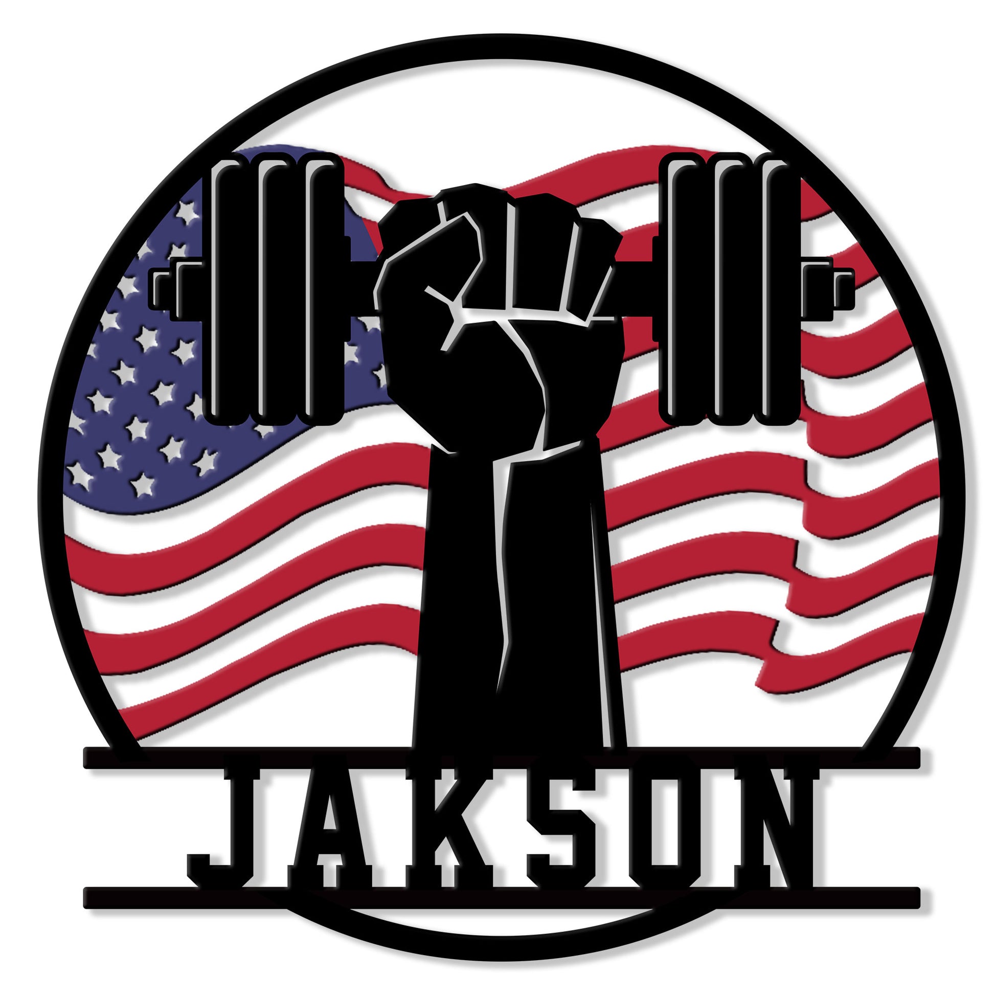 Patriotic weightlifting metal sign featuring a raised fist lifting a barbell over an American flag