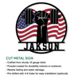 Patriotic gym metal sign shown with a raised fist, barbell, American flag, and product feature details