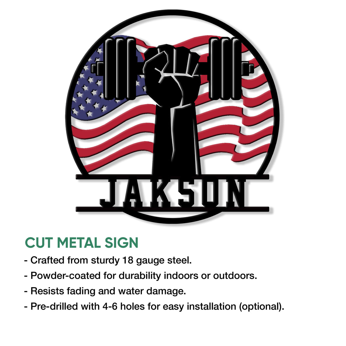 Patriotic gym metal sign shown with a raised fist, barbell, American flag, and product feature details