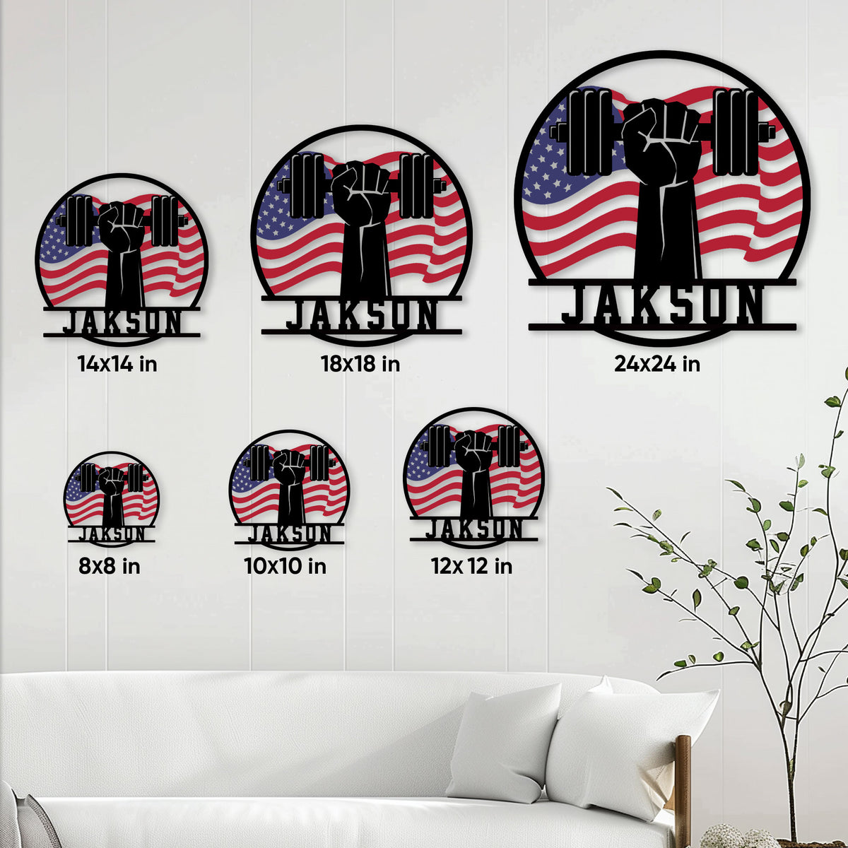 Weightlifting metal sign size guide showing six available square size options in a room setting
