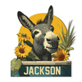 Custom donkey metal sign featuring a detailed donkey portrait with sunflowers and leafy botanical accents