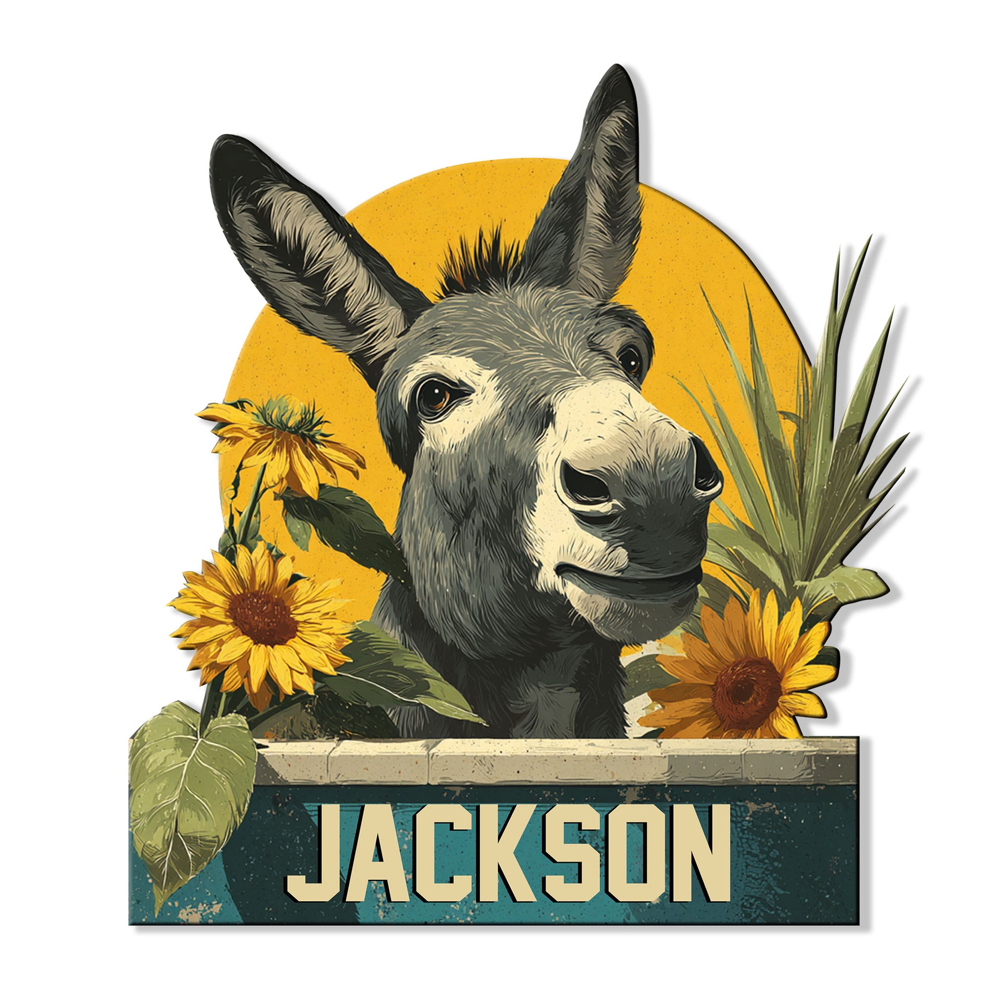 Custom donkey metal sign featuring a detailed donkey portrait with sunflowers and leafy botanical accents