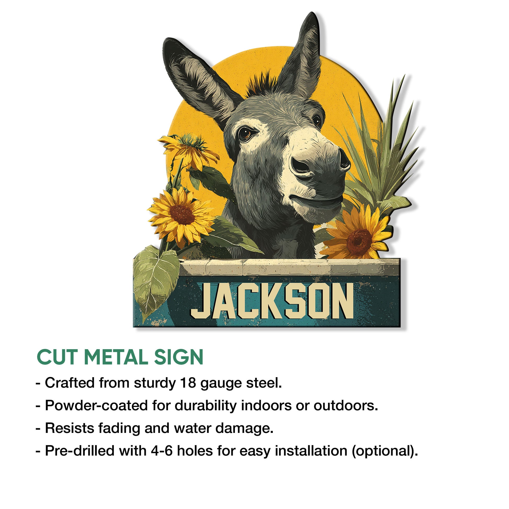Donkey metal sign shown as a cut sign with a sunflower portrait and rustic decorative artwork