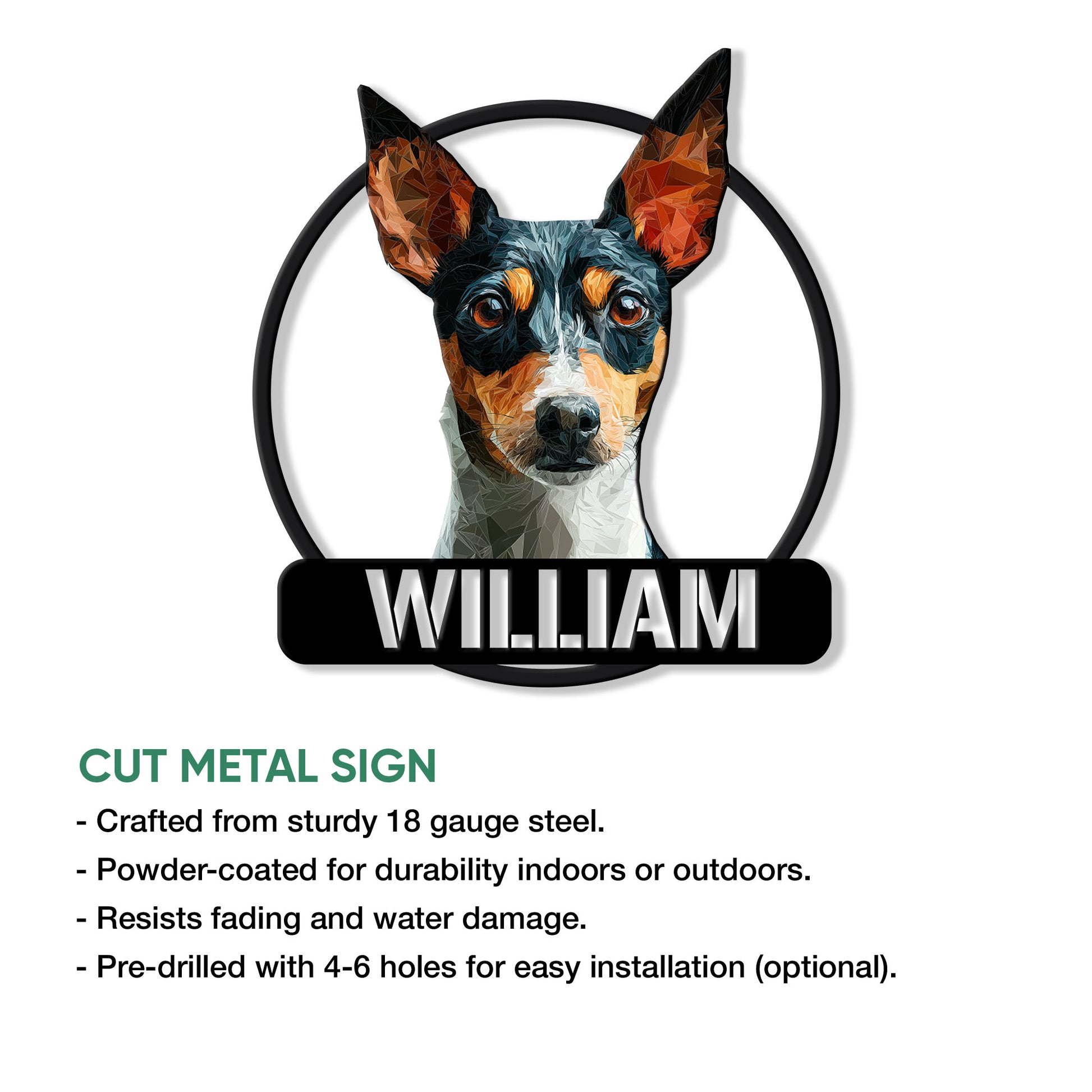 Rat Terrier metal sign product image with a low-poly dog portrait and cut metal sign feature details