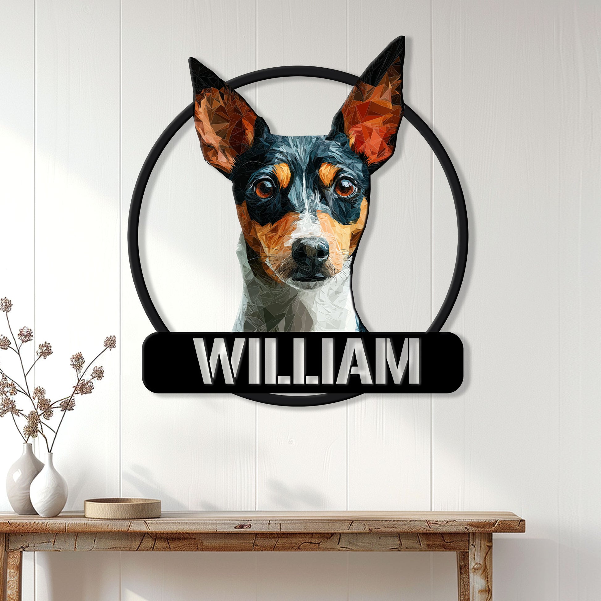 Rat Terrier wall sign displayed on a light wood-paneled wall above a console table