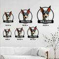 Rat Terrier metal sign size guide showing multiple square size options in a living room setting