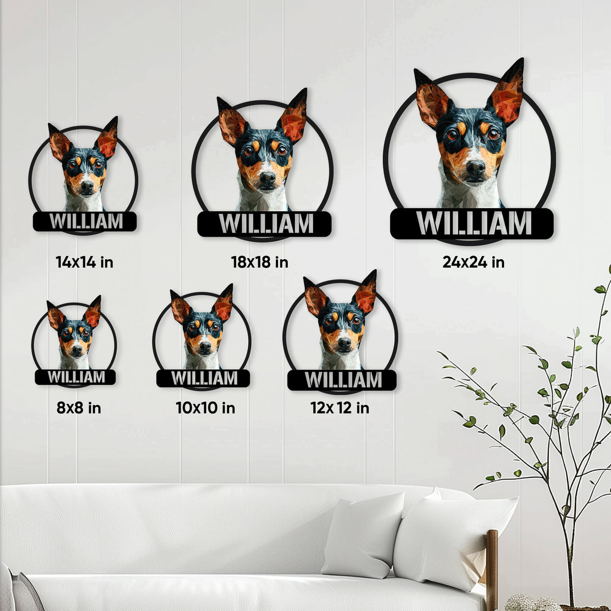 Rat Terrier metal sign size guide showing multiple square size options in a living room setting
