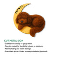 Labradoodle crescent moon metal sign shown with product feature information
