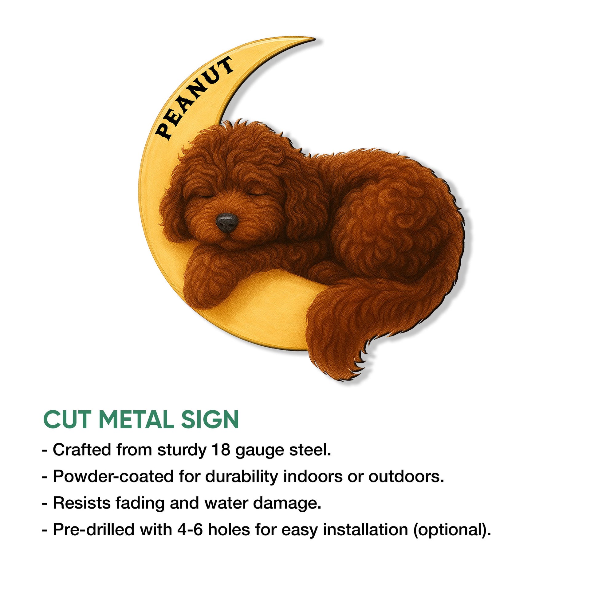 Labradoodle crescent moon metal sign shown with product feature information