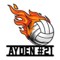 Flaming volleyball metal sign featuring a bold orange fire trail and dynamic black display bars