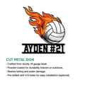 Flaming volleyball cut metal sign shown with product features and installation options