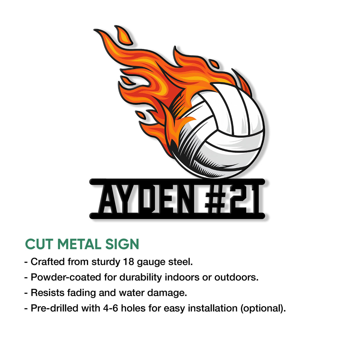 Flaming volleyball cut metal sign shown with product features and installation options