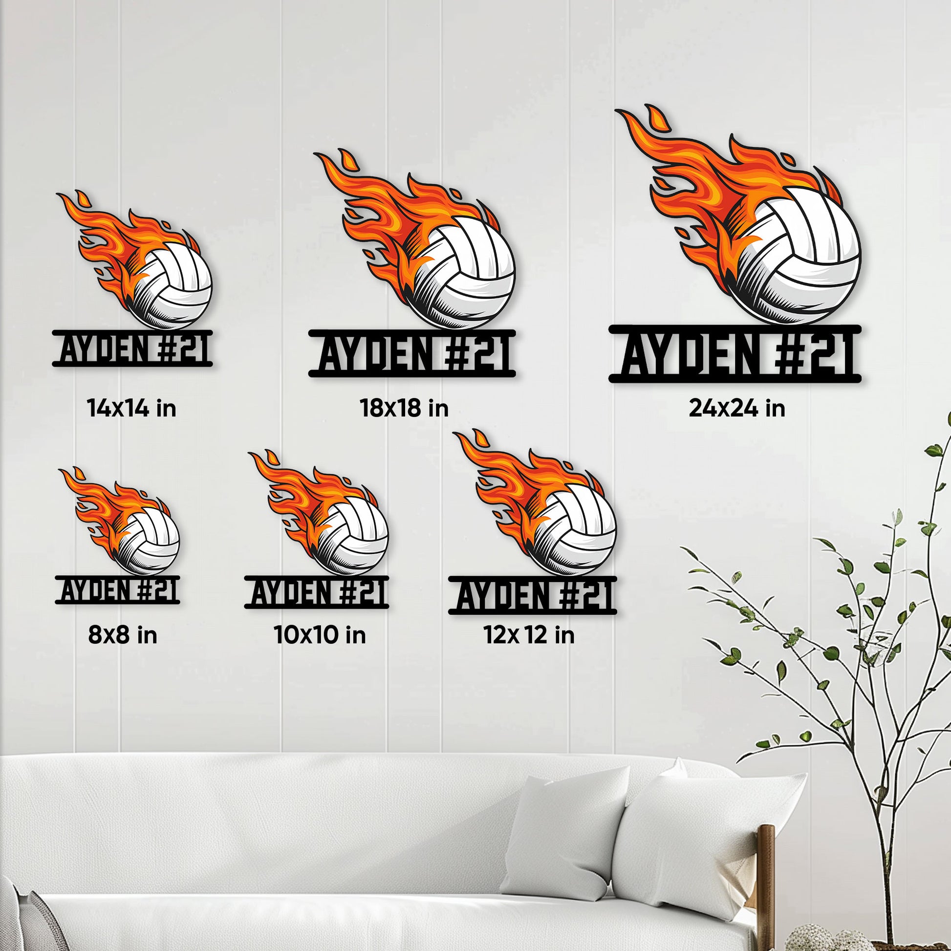 Flaming volleyball metal sign size guide showing available sizes from 8 by 8 to 24 by 24 inches