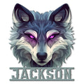 Close-up of a stylized wolf face metal sign with vivid purple eyes and a bold custom name design