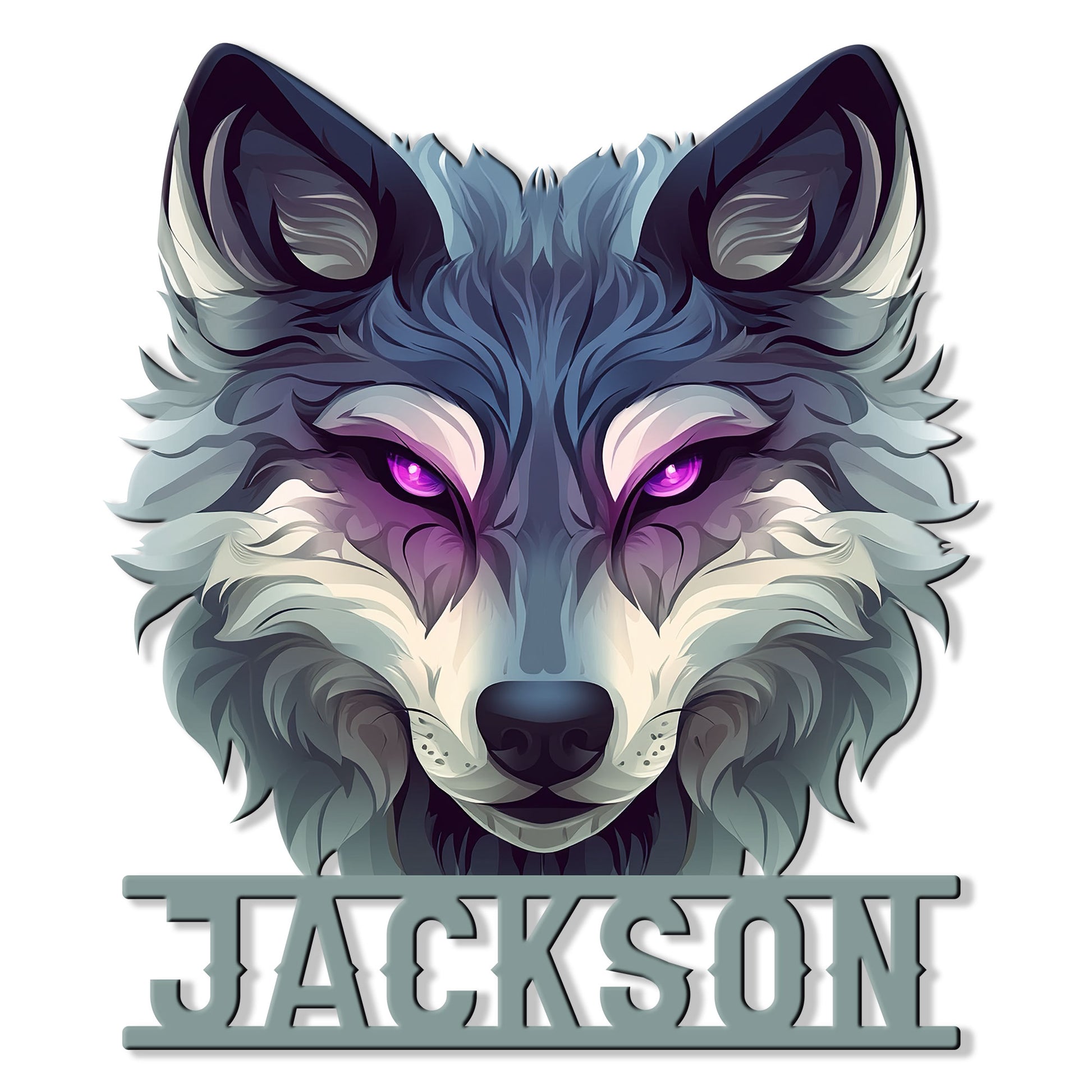 Close-up of a stylized wolf face metal sign with vivid purple eyes and a bold custom name design