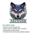 Wolf metal sign shown with a cut-metal product feature guide and dramatic purple-eyed artwork