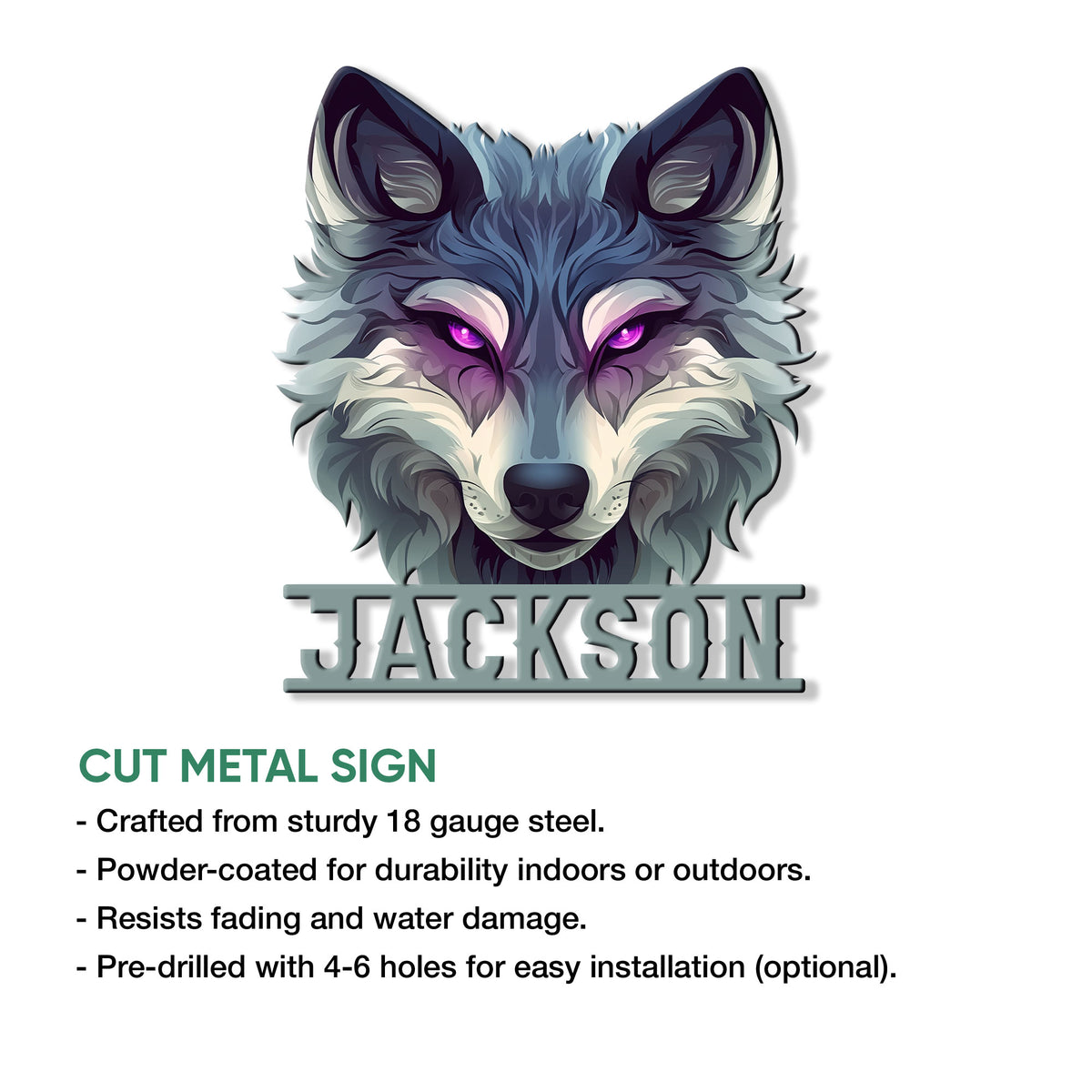 Wolf metal sign shown with a cut-metal product feature guide and dramatic purple-eyed artwork