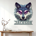 Stylized wolf wall sign displayed above a console table in a bright modern home