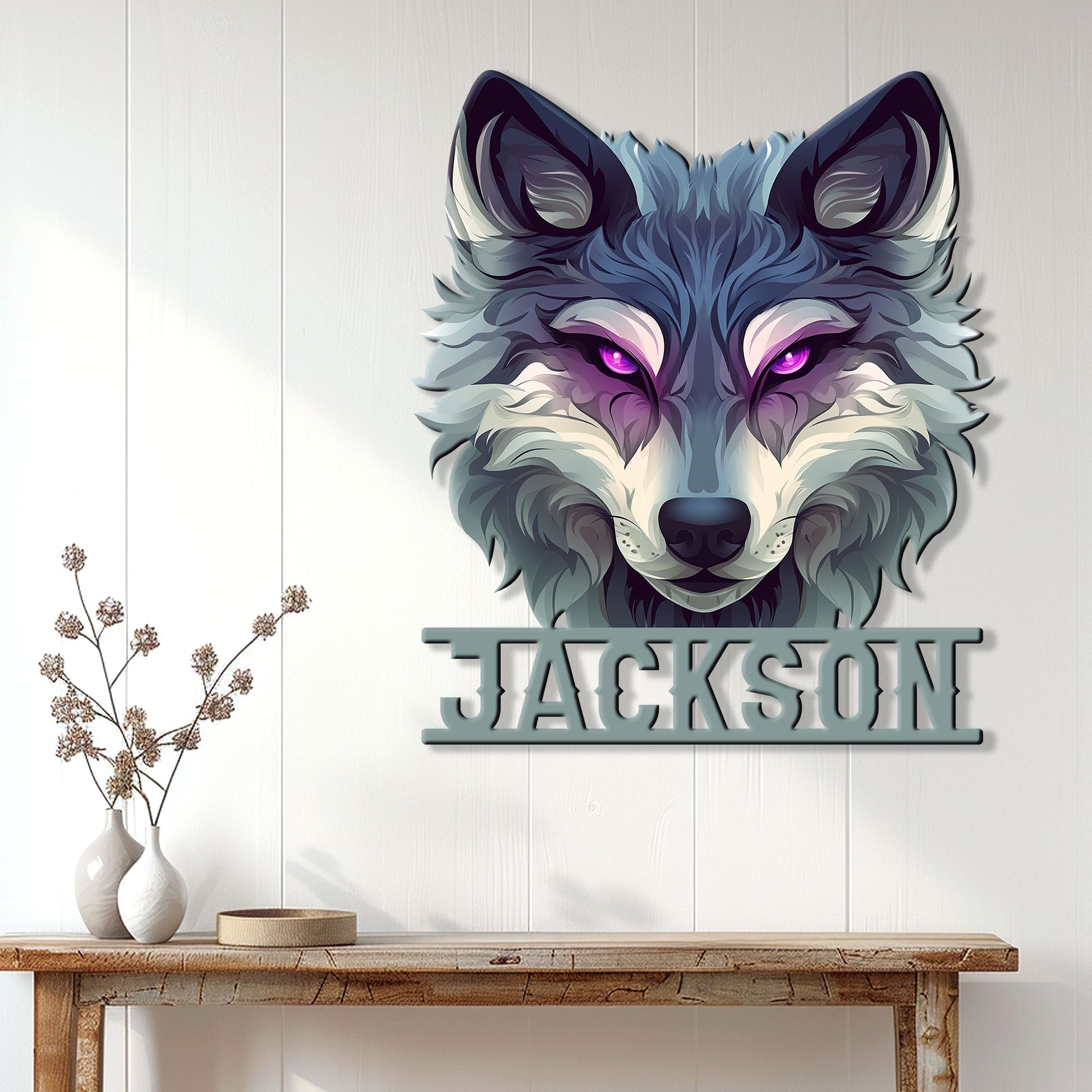 Stylized wolf wall sign displayed above a console table in a bright modern home