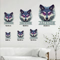 Wolf metal sign shown in multiple size options above a living room sofa