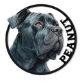 Detailed Cane Corso portrait metal sign with a bold circular frame and striking dark dog artwork