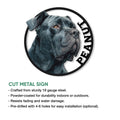 Cane Corso cut metal sign shown with indoor and outdoor use features in an informative product graphic