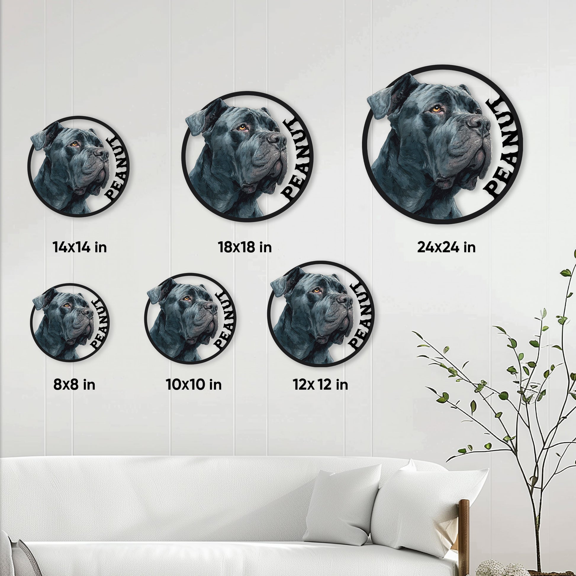 Cane Corso metal sign size guide showing available round sizes from 8 by 8 to 24 by 24 inches