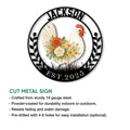 Floral chicken metal sign shown with cut steel construction and an ornamental circular frame