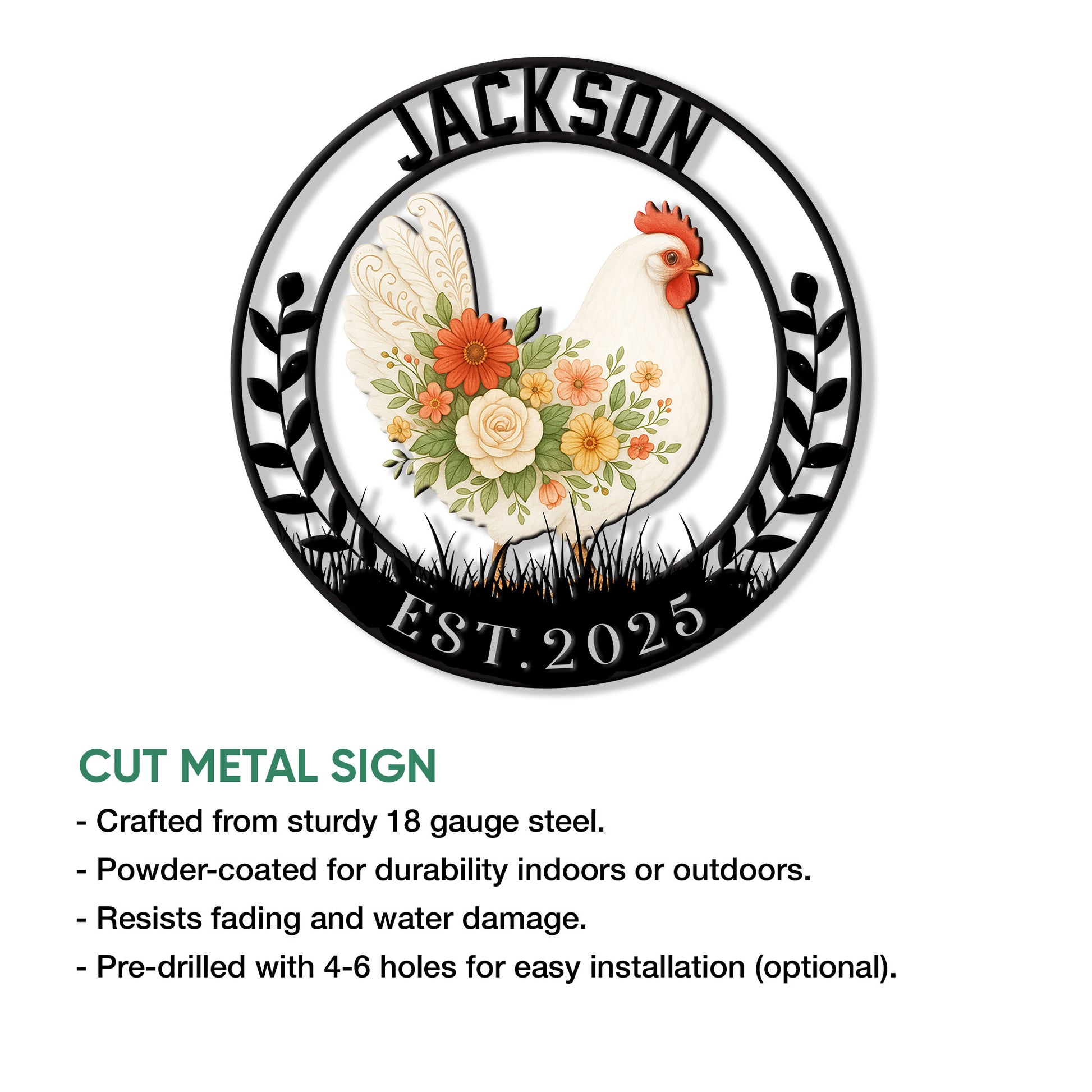 Floral chicken metal sign shown with cut steel construction and an ornamental circular frame