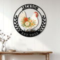 Farmhouse chicken wall sign displayed on a light wood-paneled wall above a console table