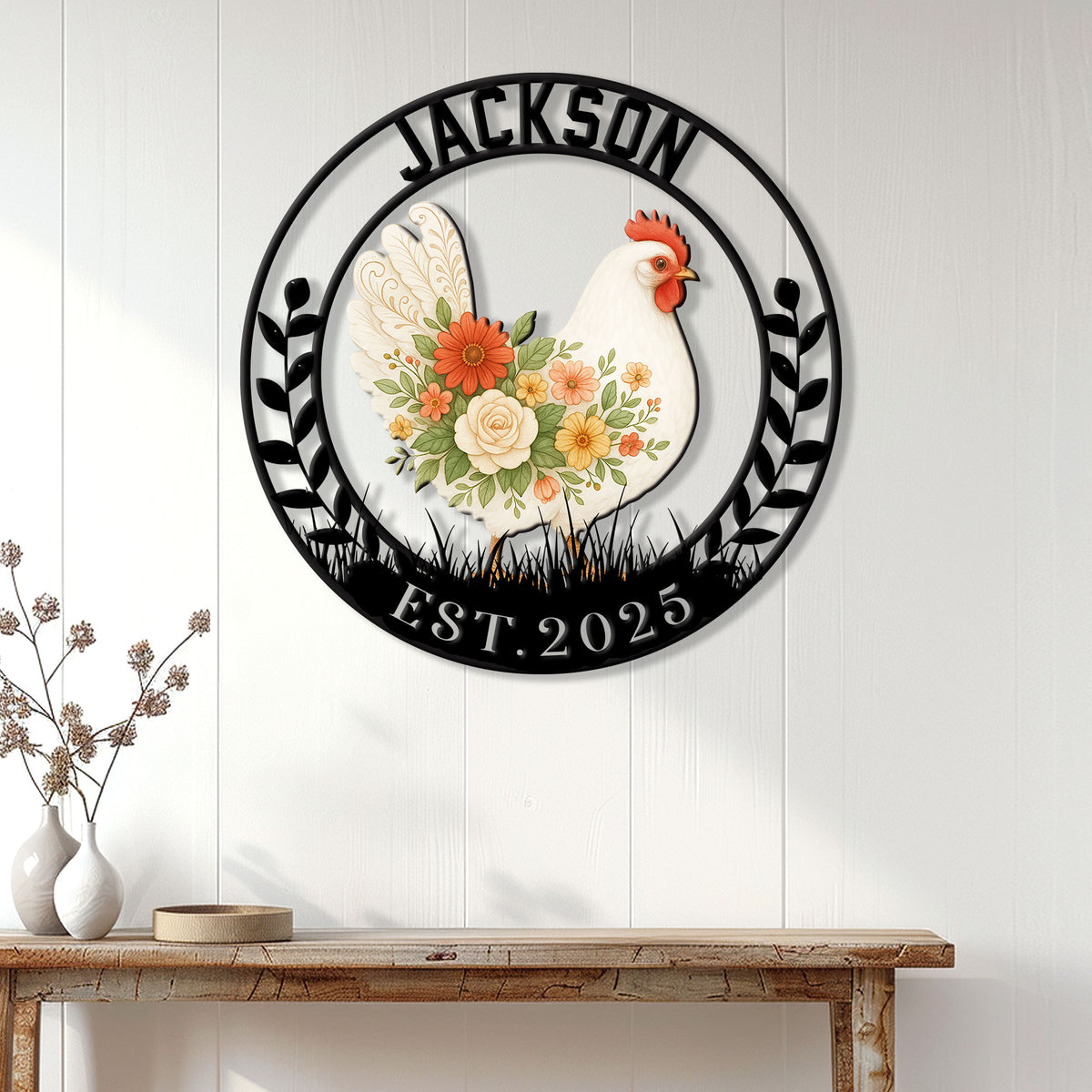Farmhouse chicken wall sign displayed on a light wood-paneled wall above a console table