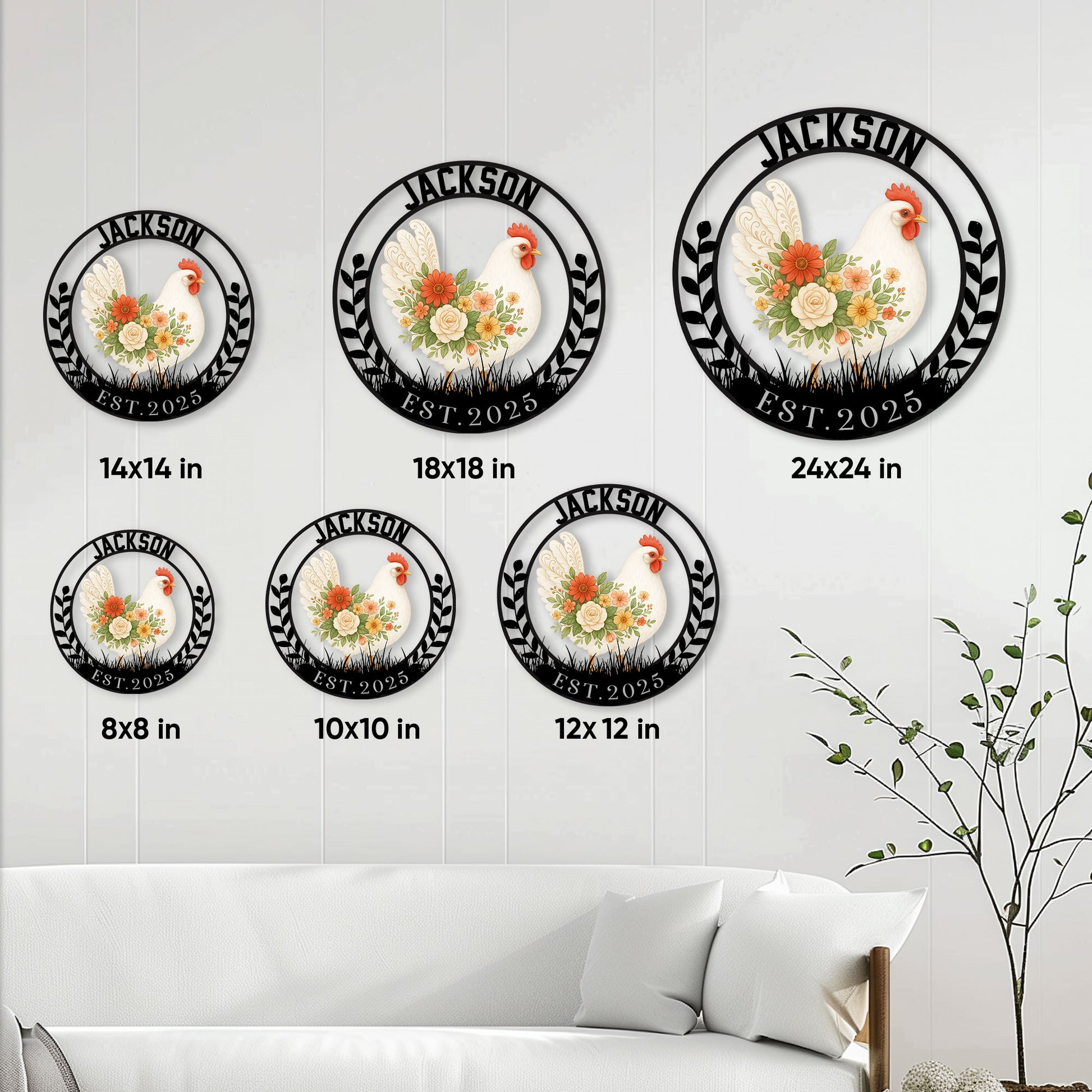 Chicken metal sign size guide showing six circular size options from 8 by 8 to 24 by 24 inches