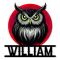 Fierce black and gray owl metal sign with bright green eyes and a bold red circular background