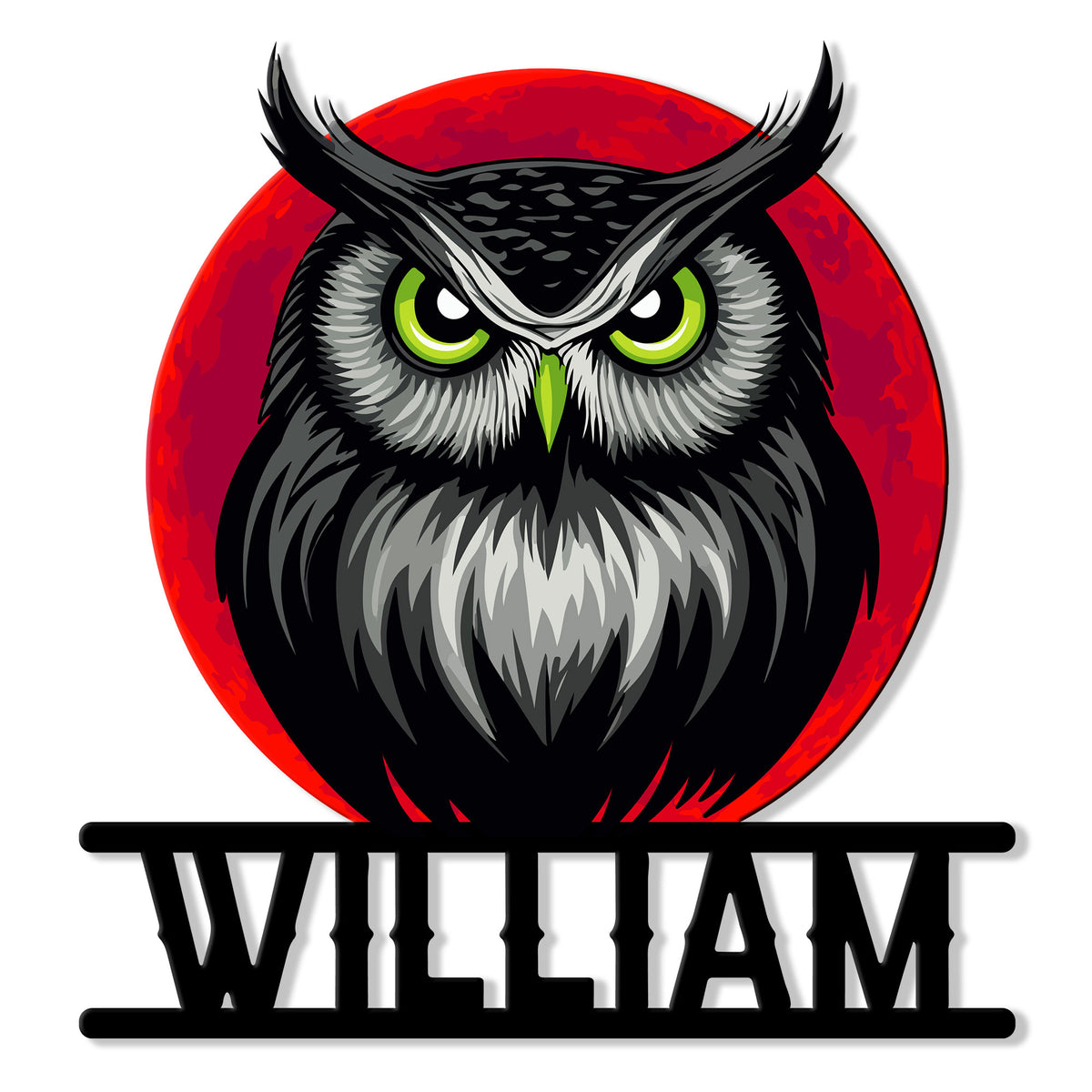Fierce black and gray owl metal sign with bright green eyes and a bold red circular background