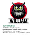 Owl metal sign feature graphic showing the cut metal design and product presentation