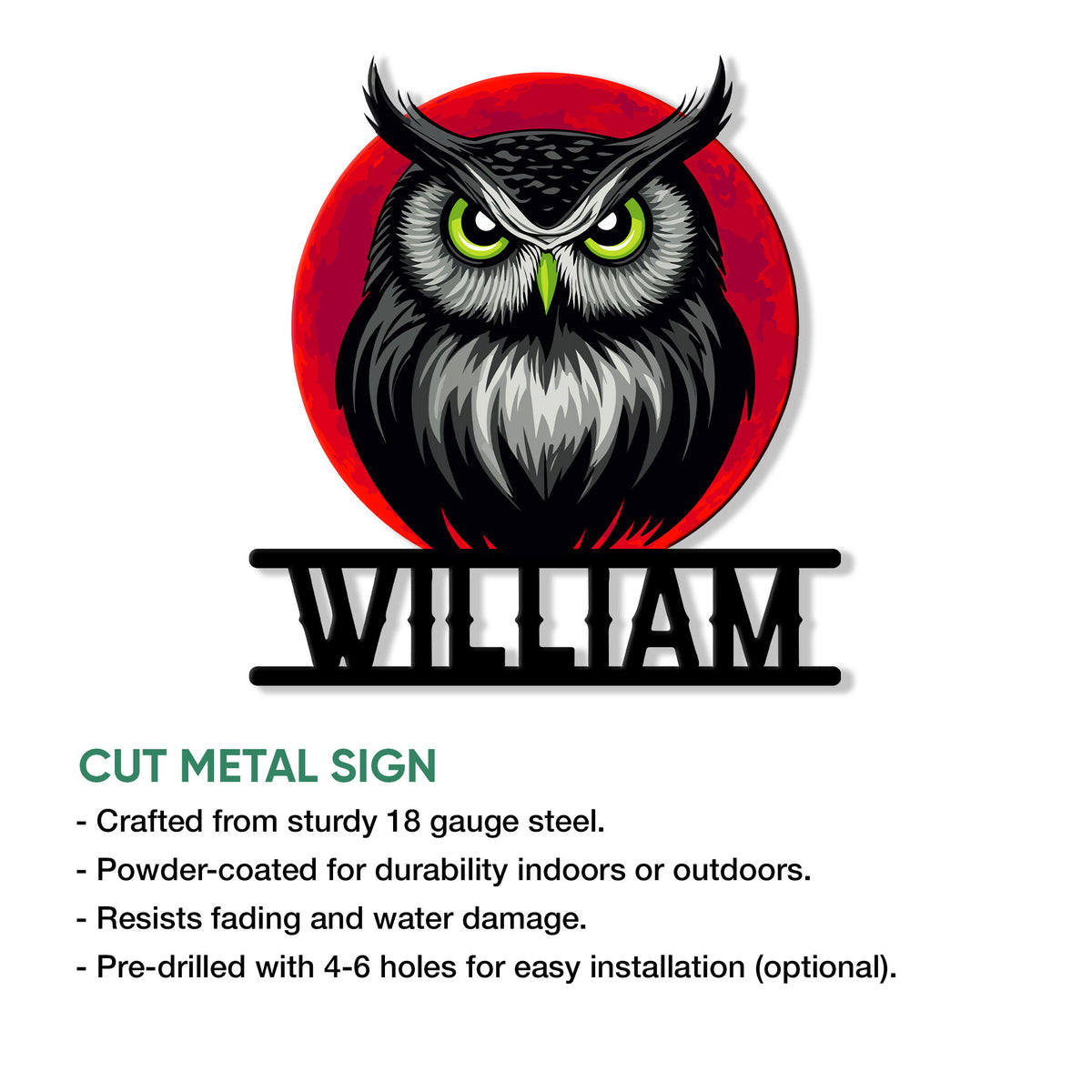 Owl metal sign feature graphic showing the cut metal design and product presentation