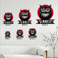 Owl metal sign size guide displaying six available square size options in a home setting