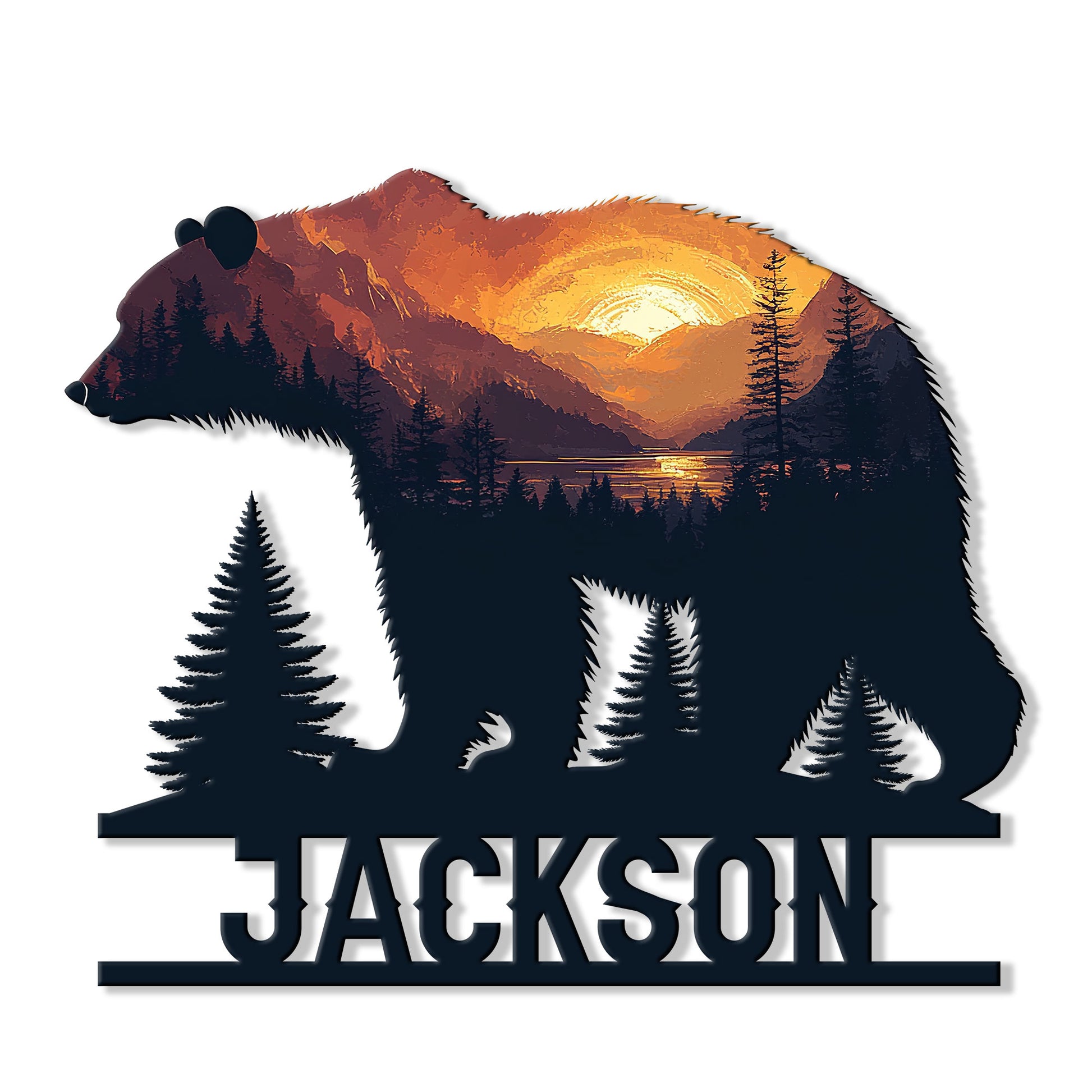 Custom bear metal sign featuring a forest and mountain sunset silhouette