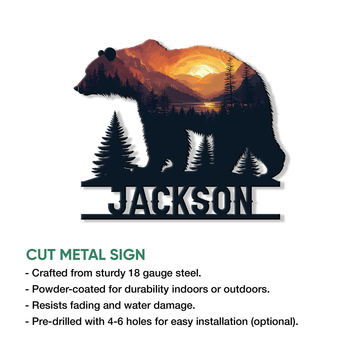 Bear metal sign feature graphic showing a mountain sunset landscape and cut metal sign details