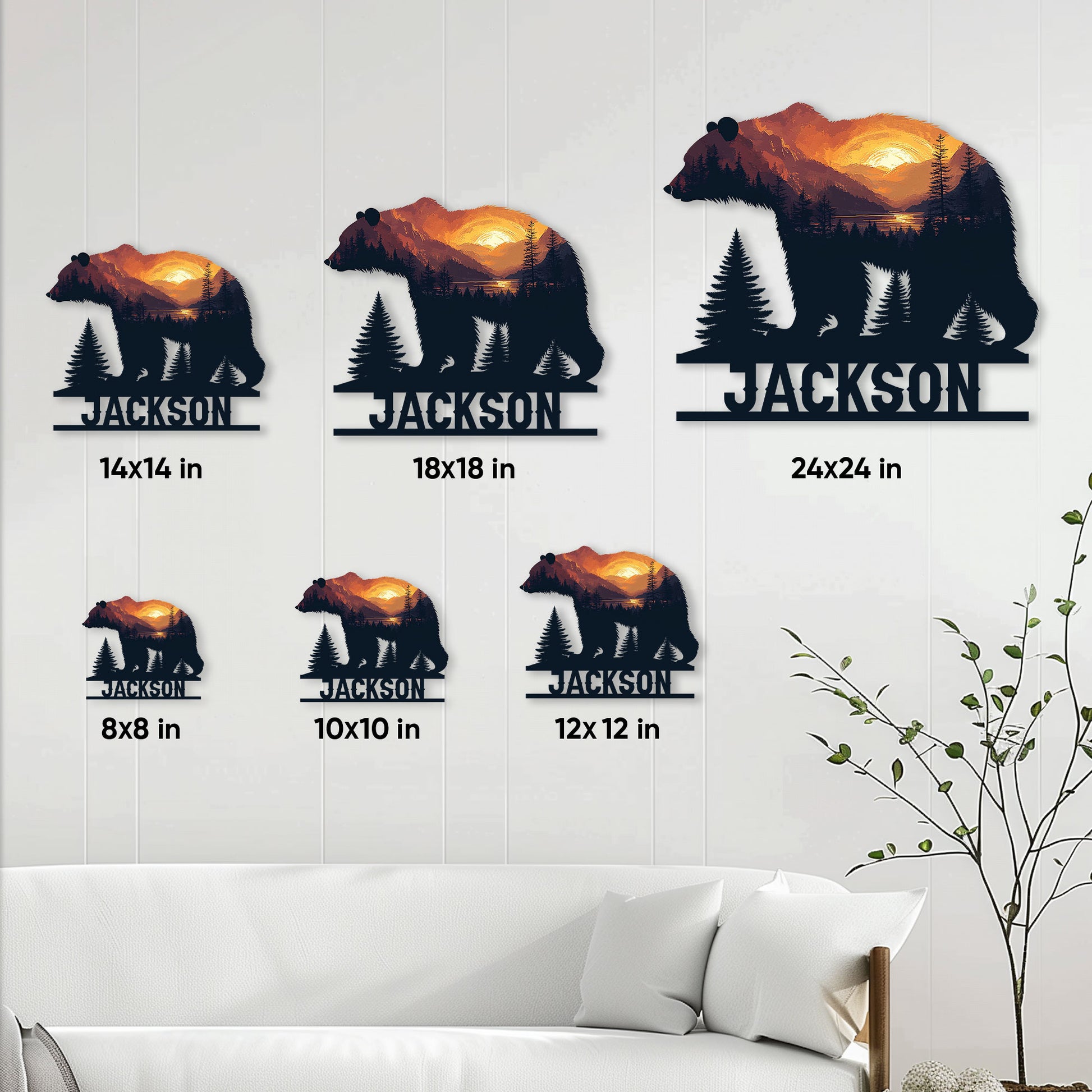Bear metal sign size guide showing multiple size options in a living room setting